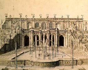 The Great Cascade in the lower park at Peterhof, 1720 (pen, brush