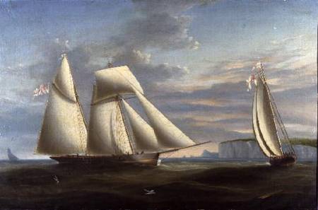 A topsail schooner and a schooner of the Royal Yacht Squadron off the coast of Dorset (panel) von Nicholas Condy