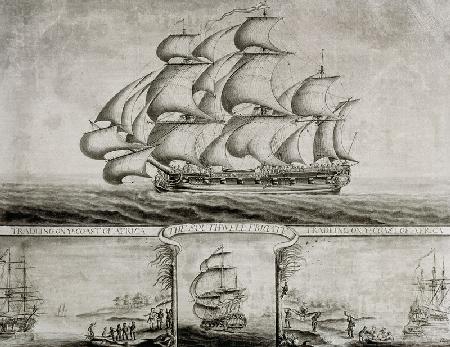View of the Southwell Frigate Trading on the Coast of Africa, c.1760 (pen & ink and wash) 18th