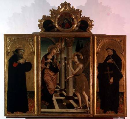 Triptych: central panel depicting the Annunciation with God above and side panels bearing the figure von Nicola de Maestro Antonio