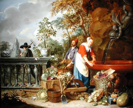 A Maid Washing Carrots at a Fountain with Two Gardeners at Work von Nicolaas or Nicolaes Muys