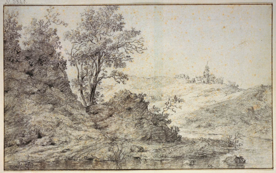 Landschaft mit Wasser, auf dem Hügel Hirte und Hirtin mit Vieh von Nicolaes Berchem