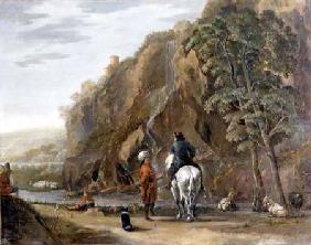 Italianate landscape with figures and a horse on a road