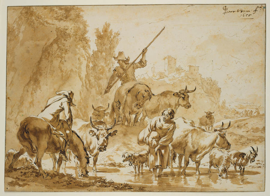 Zwei Hirten zu Pferde treiben Vieh durchs Wasser, die Hirtin mit einem Sack wartet hindurch von Nicolaes Berchem