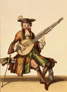 Gentleman Playing the Angelica, fashion plate, c.1695 (engraving) 13th