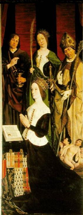Triptych of Moses and the Burning Bush, right panel depicting Jeanne de Laval (d.1498) with St. John c.Triptych