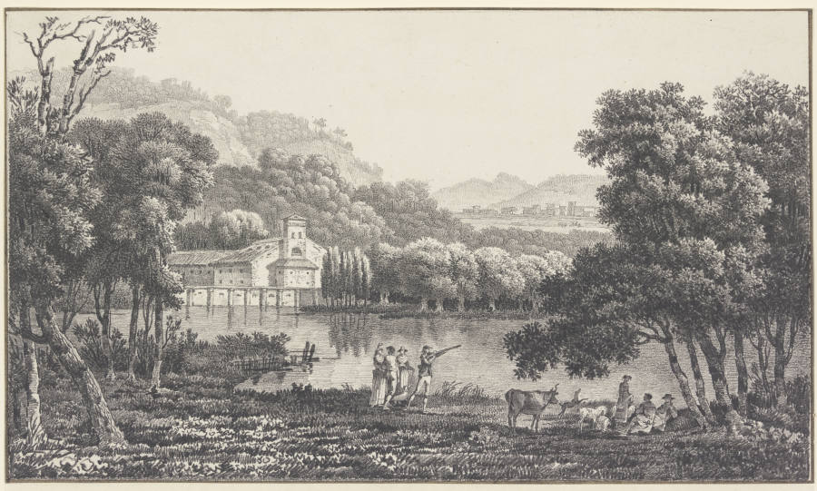 Eine Kirche an einem See, vorn Figuren und Vieh, dabei ein Jäger von Nicolas Joseph Vergnaux