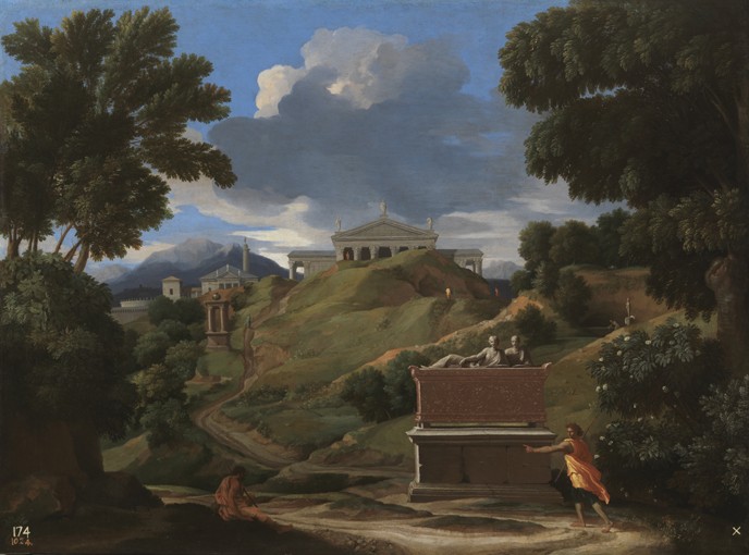 Landschaft mit dem antiken Grab und zwei Figuren von Nicolas Poussin
