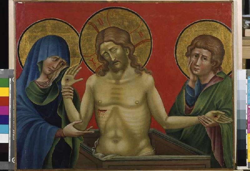 Jesus als Schmerzensmann mit Maria und Johannes. von Nicoletto Semitecolo