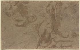 Ein Engel, der ein ornamentiertes Wappen hält, oben links ein zweiter