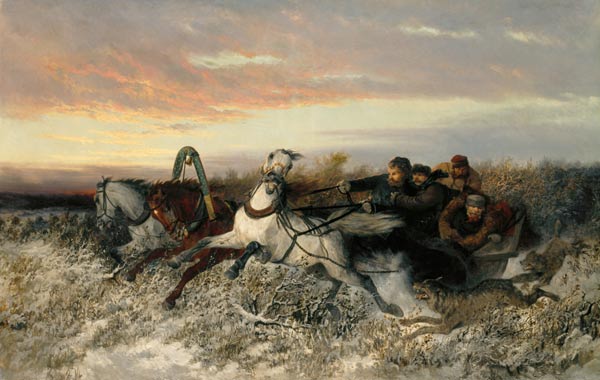 Pferdeschlitten, von Wölfen verfolgt von Nikolai Egorevich Sverchkov