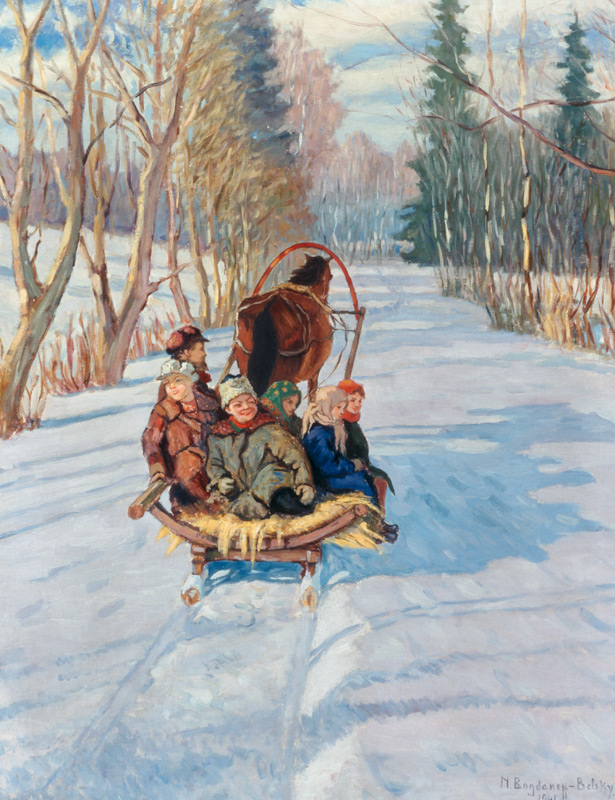 Kinder auf einem Pferdeschlitten von Nikolai P. Bogdanow-Bjelski