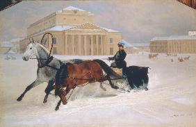 Pferdeschlitten vor dem Bolschoi– Theater in Moskau 1852