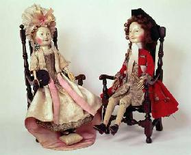 31:Lord and Lady Clapham, wooden dolls made in the William and Mary period, late 17th, c.1680s (see 19th