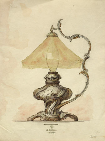 A Drawing Of A Silver Table Lamp With A Twisted Fluted Body In Rococo Style von 