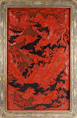 A Filigree Framed Red Lacquer Panel Depicting Warriors On Horseback And Mythical Animals In A Landca von 
