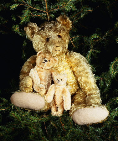 A Large Steiff Golden Curley Plush Covered Teddy Bear In A Christmas Tree With His "Inseparable Frie von 