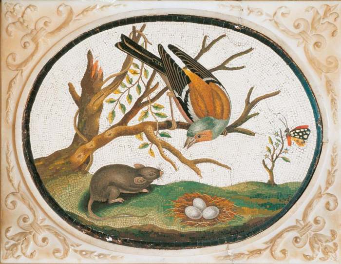 An oval-shaped medallion with a mosaic representing a bird on the branch of a tree, a mouse, a meado von 