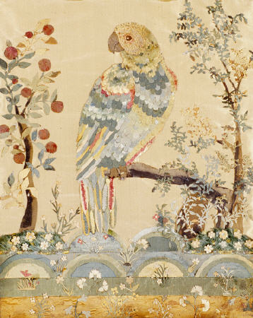 An Applique Picture Of A Parrot Perched In An Acacia Tree Above Hillocks With An Orange Tree To The von 