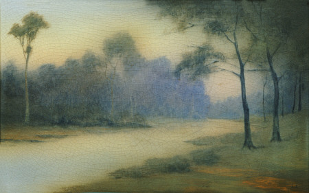 An Earthenware Scenic Plaque By Rookwood, Depicting A View Of A River And Wooded Banks,  Decorated B von 