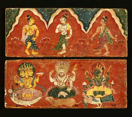 A Pair Of Nepalese Polychrome Wooden Manuscript Covers The Upper Cover Painted With Three Standing D von 