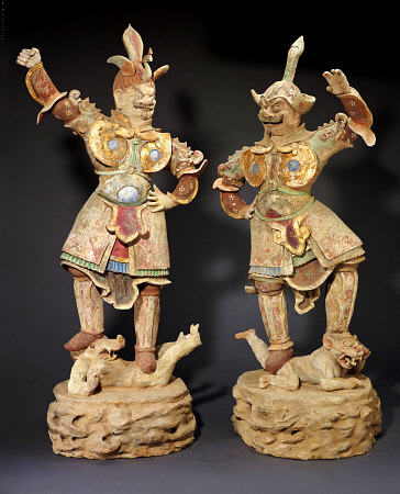 A Rare Pair Of Massive Painted Pottery Lokapala Guardians Both Standing On  A Recumbent Demons von 