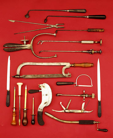 A Selection Of Medical Equipment Including Knives, Saws, Bullet Extractors,  Cauterisers, Lithotrite von 