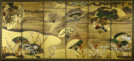 A Six-Panel Screen Painted In Sumi, Colour And Gofun On Paper Sprinkled With Gold And Silver With Sc von 