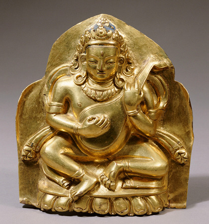 A Tibetan Gilt-Copper Plaque Depicting Dhrtarashtra Seated On A Lotus, Playing A Lute von 