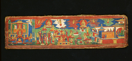 A Tibetan Painted Cotton Manuscript Cover Painted With Various Offering Scenes von 