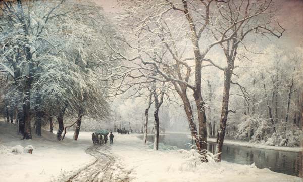 A Winter Landscape With Horses And Carts By A River von 