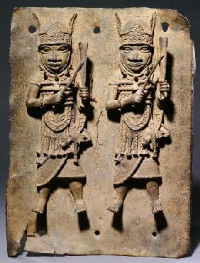 A Benin Bronze Plaque With Two Relief Figures, C