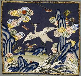 A Blue-Ground Embroidered Mandarin Square Depicting An Egret