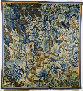 A Feuille De Choux Tapestry Woven In Blue And Brown With Two Goats And Birds Amongst Exotic Gourds A