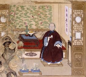 A Lady In Dark Red, Seated On A Day Bed Holding A Blue And White Cup