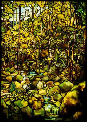 A Leaded Glass Window Of A Woodland Scene By Tiffany Studios