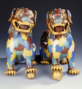 A Pair Of Cloisonne Enamel Buddhistic Lions