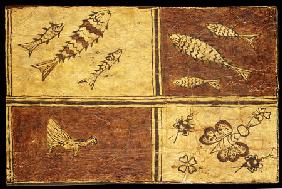 A Rare Melanesian Painted Bark Cloth Decorated With A Fowl, Exotic Butterflies And Fishes On Reddish