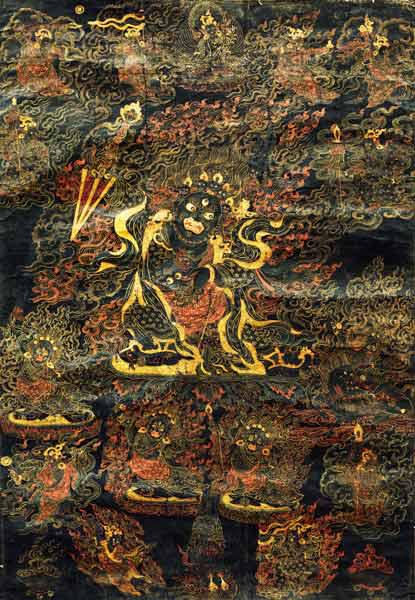 A Black Tibetan Thanka In Gold, Grey And Red Depicting Dharmapala