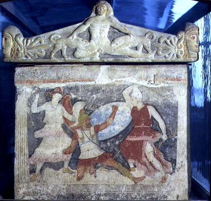A Greek fighting two Amazons from the end of the sarcophagus of the Amazons, with Acteon torn apart von 
