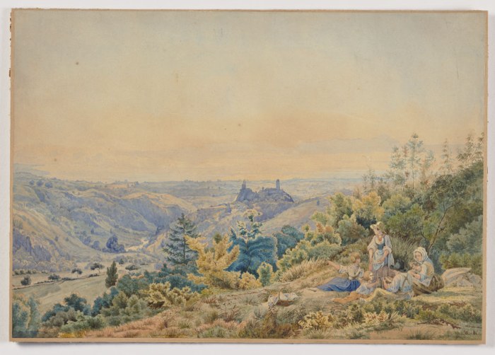 Bergige Landschaft mit Burg und Fluß, vorne rechts rastende Familie von 