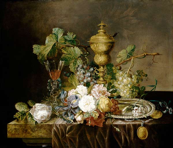 A Still Life With Roses, Carnations, An Iris, Grapes, A Silver Plate, Two Medallions, A ''Facon De V von 