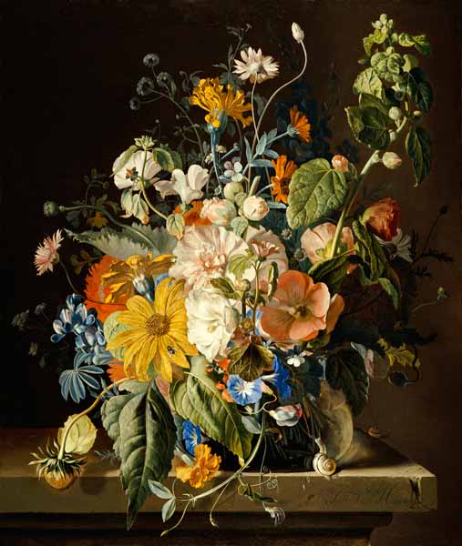 Poppies, Hollyhock, Morning Glory, Viola, Daisies, Sweet Pea, Marigolds And Other Flowers In A Vase von 
