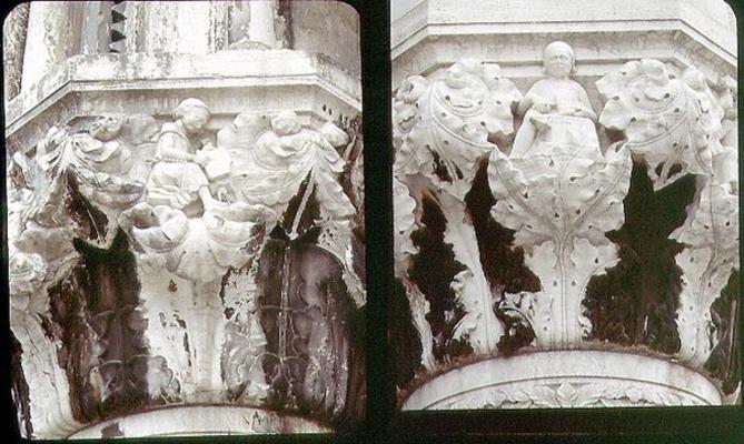 Capitals decorated with reliefs portraying craftsmen at their trades (LtoR) the stone-cutter and the von 