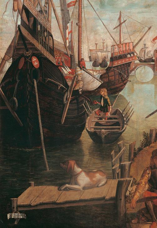 Detail. Moored galley figures small boat barge oars man sailor seaman pier dog. von 