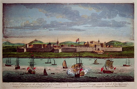 Fort St. George, Coromandel Coast, India. Coloured engraving by I Van Ryne von 