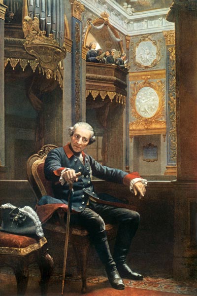 Friedrich II 
Nach seiner Rückkehr aus dem Siebenjährigen Krieg hört Friedrich der Große in der Sch von 