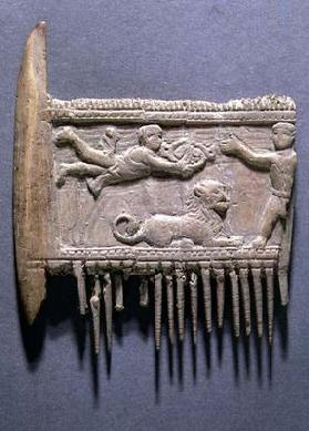Fragment of a hair comb seen from the back with a relief depicting a religious scene, Greek (ivory) 1760