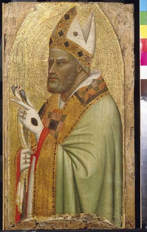 Halbfigur eines heiligen Bischofs mit einem Stieglitz. von 