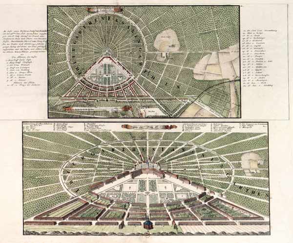 Karlsruhe, Stadtplan u. Vogelschau 1715